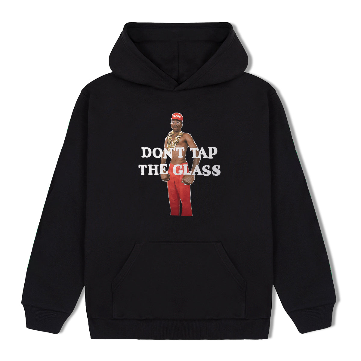 A black hooded sweatshirt featuring 'DON'T TAP THE GLASS' album artwork across the front