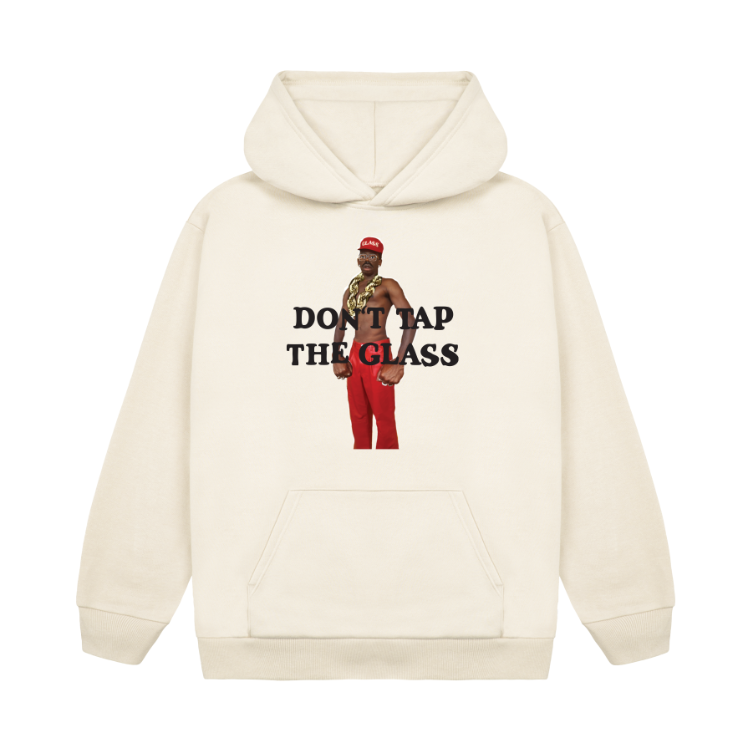 An off-white hooded sweatshirt featuring 'DON'T TAP THE GLASS' album artwork across the front