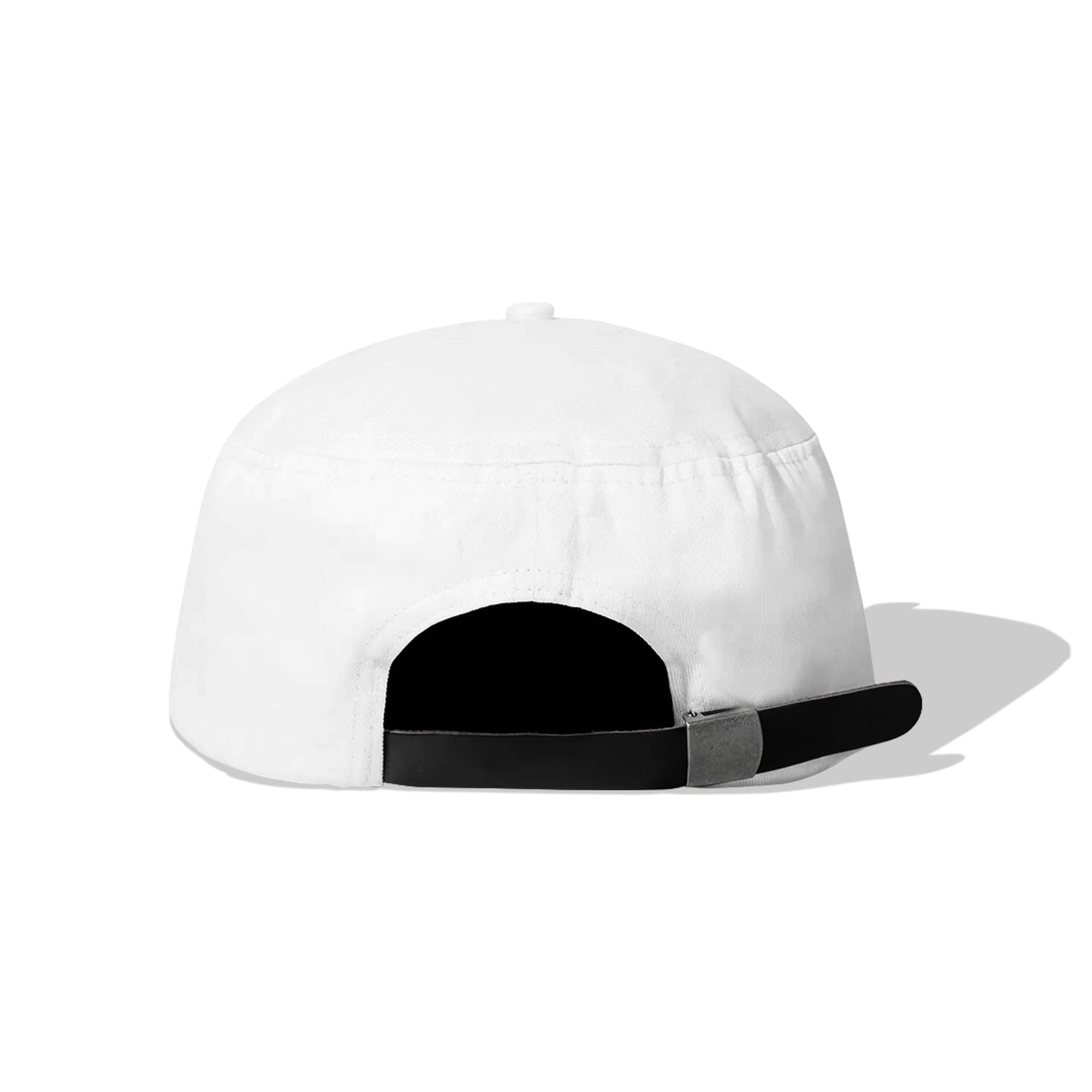 White structured baseball cap shown from the back, featuring a black adjustable strap and a small gray accent piece, set against a plain white background with a soft shadow.