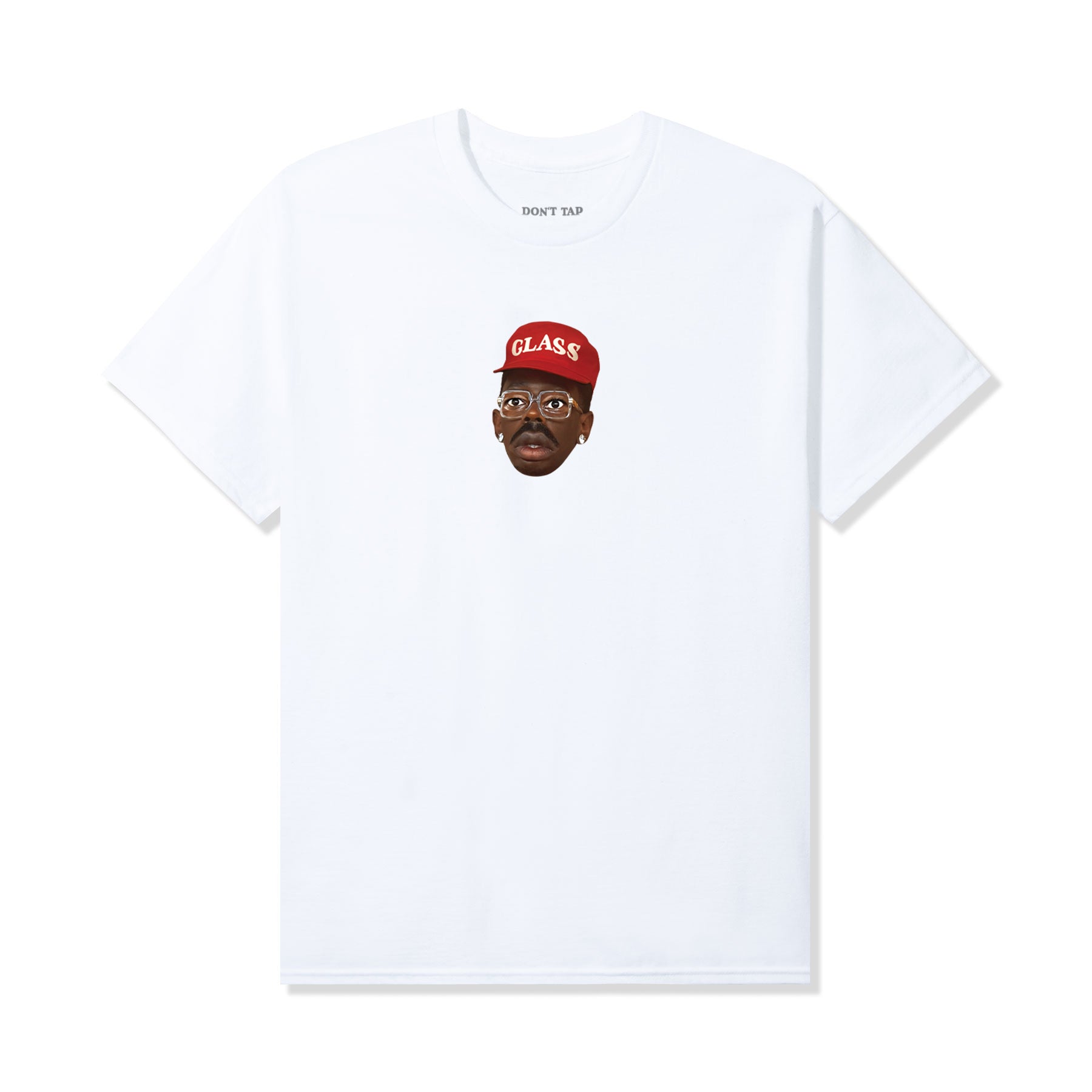 A white short-sleeve crewneck t-shirt featuring a graphic of Tyler, The Creator, wearing a red cap that says 'GLASS' on the chest, with 'DON'T TAP' printed inside the collar.