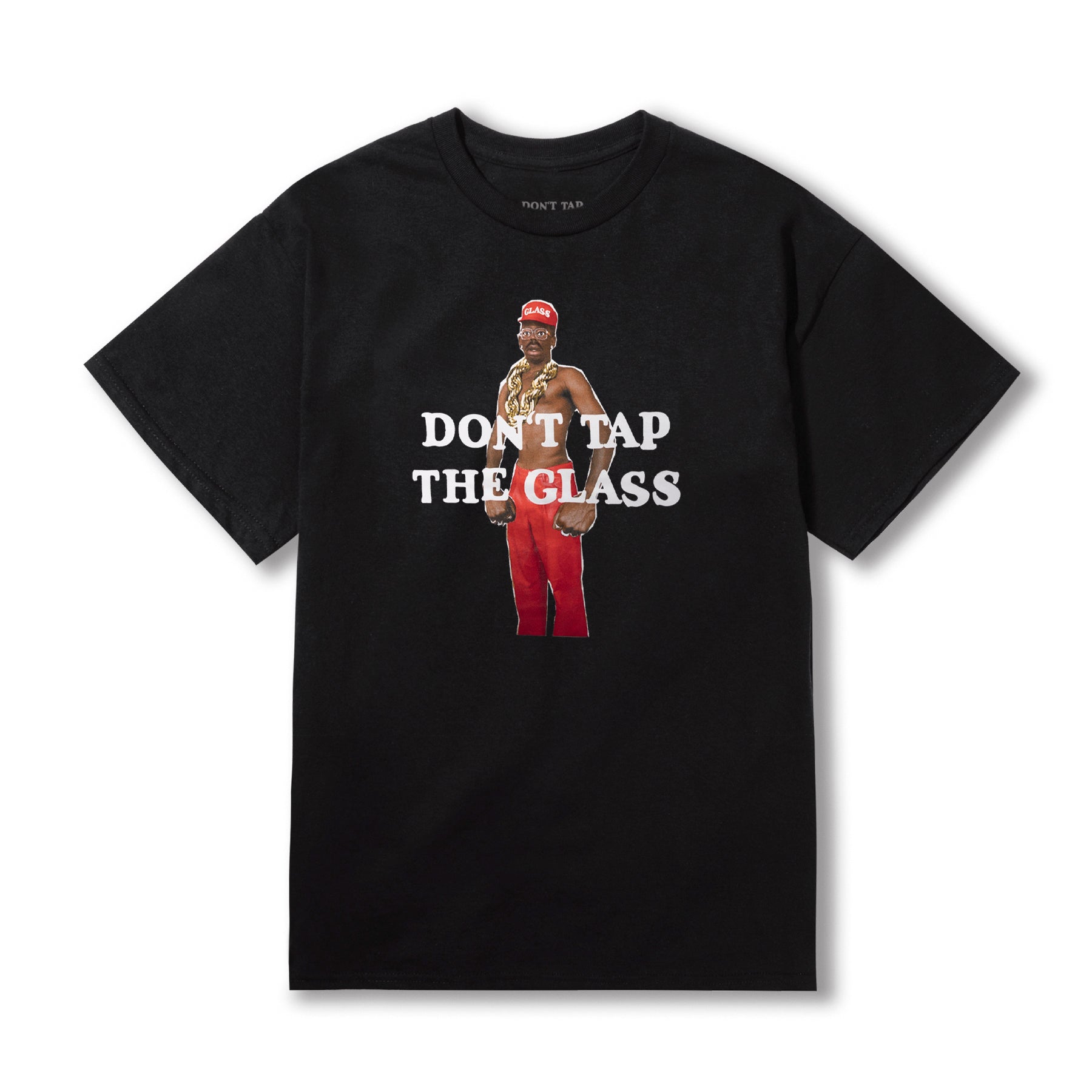 A black short-sleeve crewneck t-shirt featuring 'DON'T TAP THE GLASS' album artwork across the front