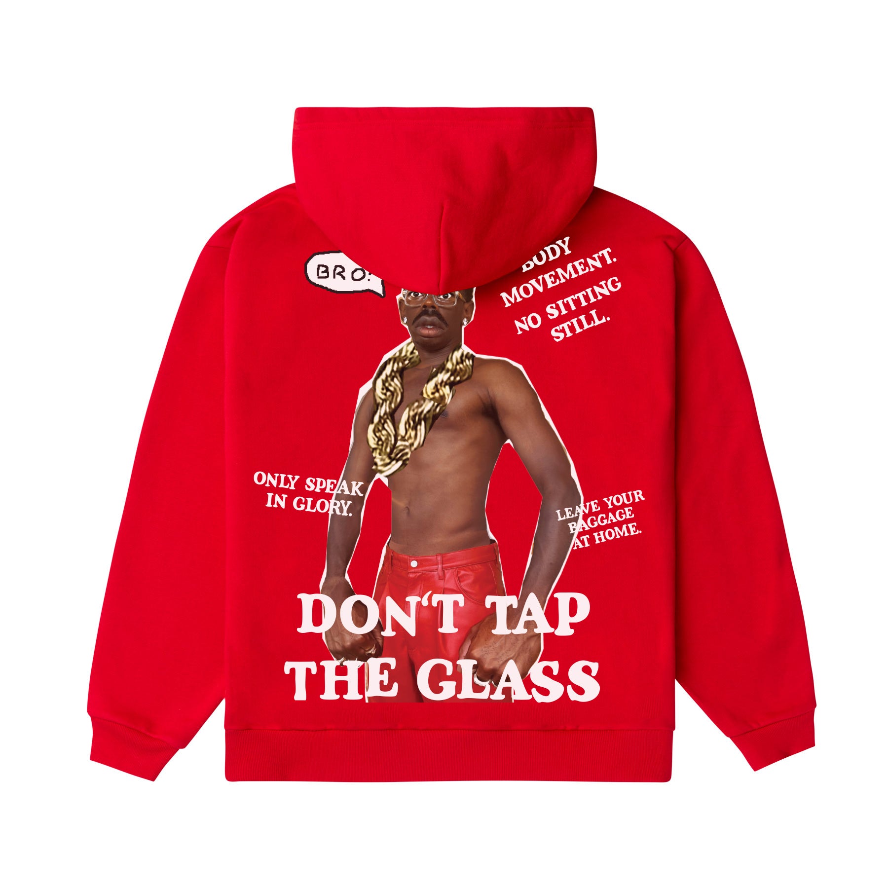 A bright red hoodie shown from the back, featuring a large graphic print of Tyler, The Creator wearing a gold chain and red trousers, surrounded by white text including 'DON'T TAP THE GLASS'.