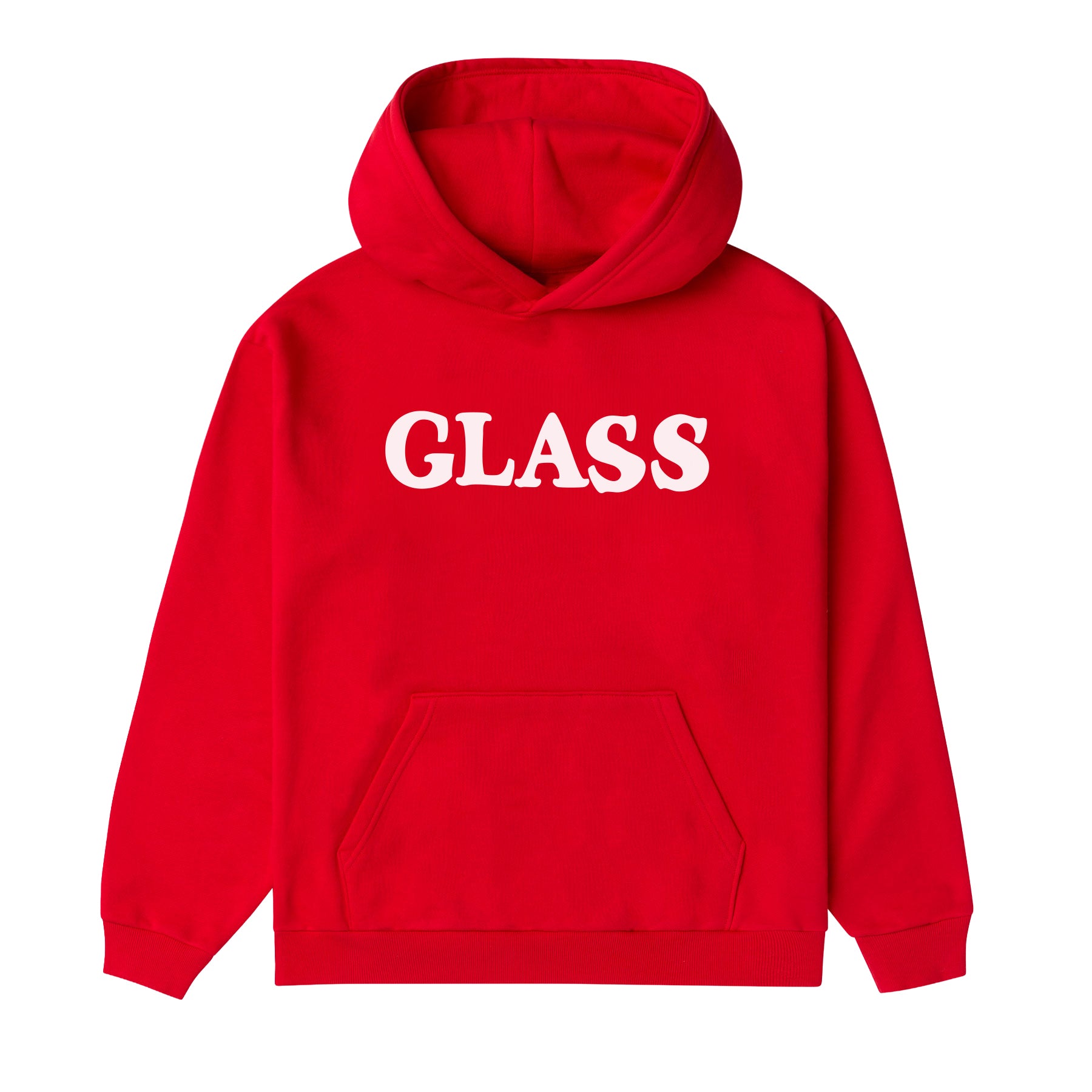 A bright red pullover hoodie with the word 'GLASS' printed in bold white capital letters across the chest, displayed on a clean white background.