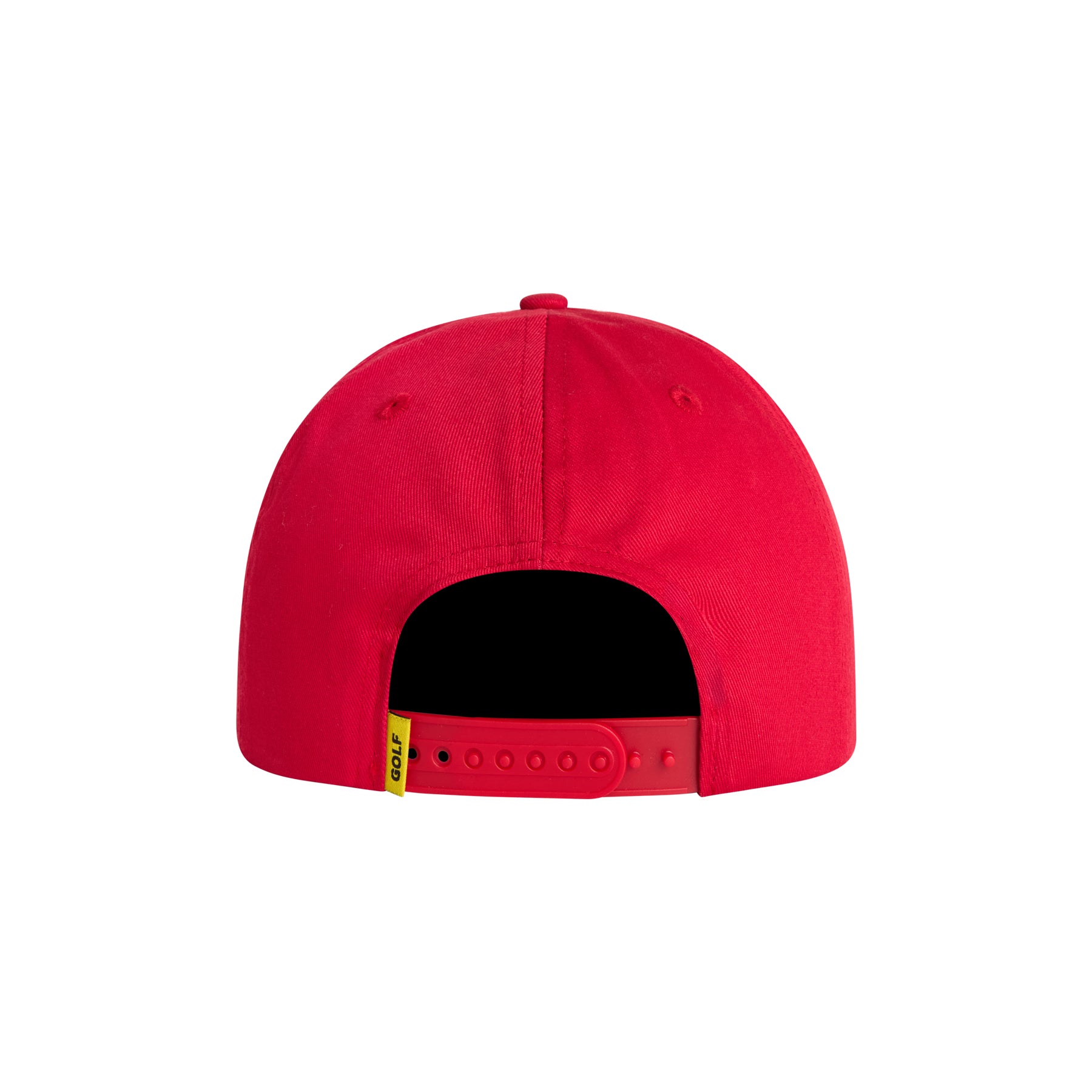 A bright red baseball cap viewed from the back, featuring a black adjustable strap closure with a small yellow 'GOLF' tag.