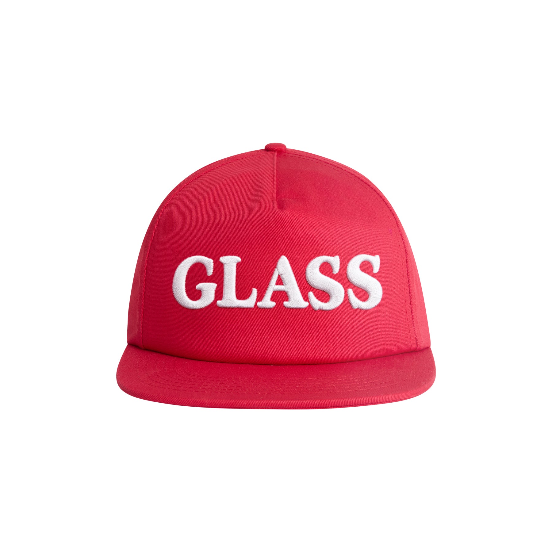 A red flat-brim baseball cap with the word 'GLASS' embroidered in white capital letters across the front, shown against a plain white background.