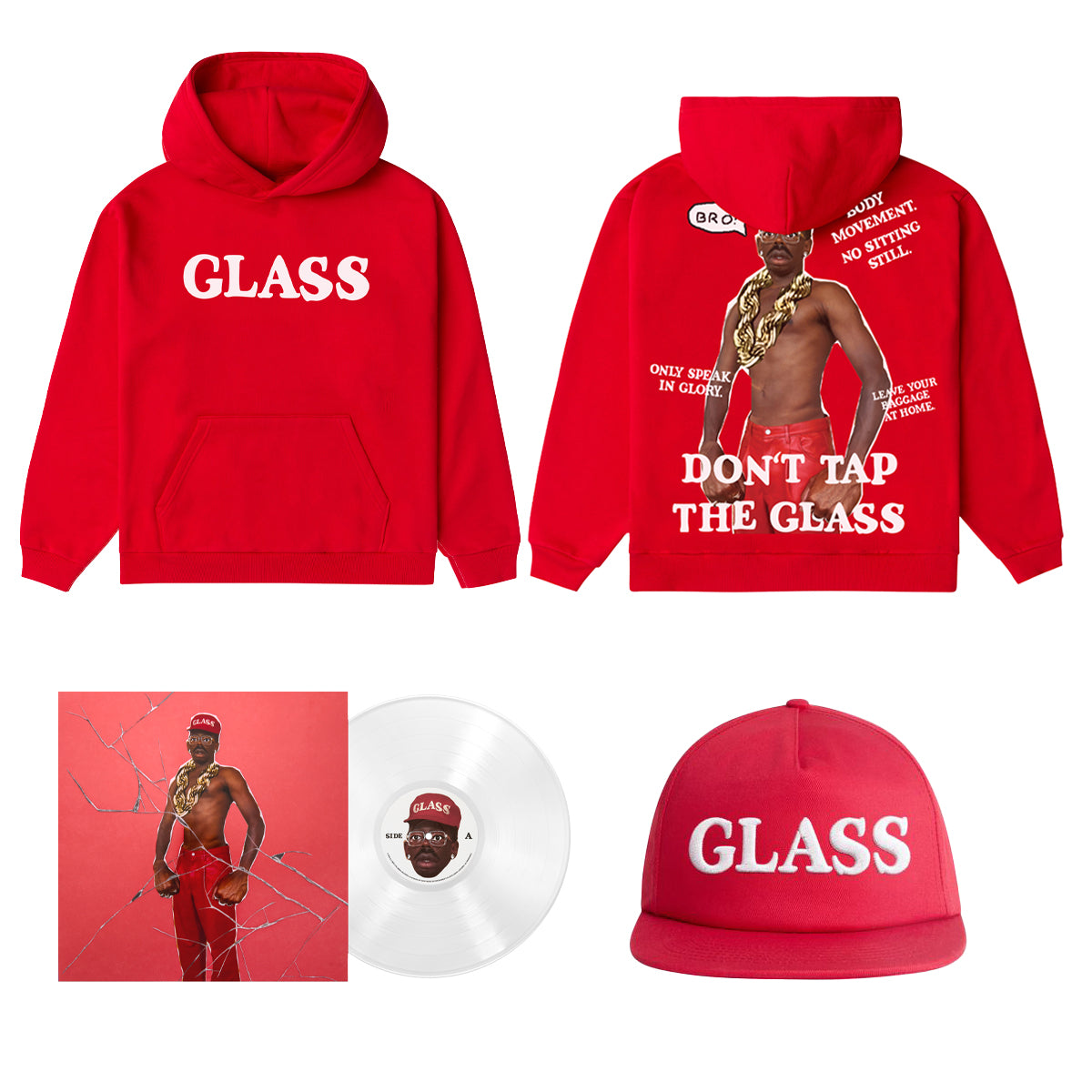 A red streetwear merchandise set featuring a front and back view of a hoodie with 'GLASS' and graphic text, a matching red baseball cap with 'GLASS' in white, a translucent vinyl record, and an album-style cover image on a white background.