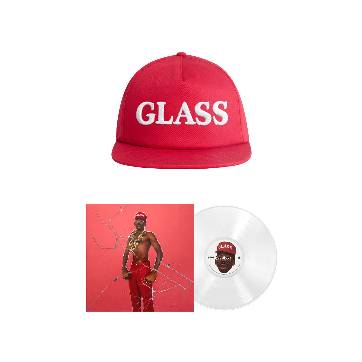A red baseball cap with 'GLASS' in white embroidered letters, shown above a vinyl cover and disc of Tyler, The Creator - Don't Tap the Glass