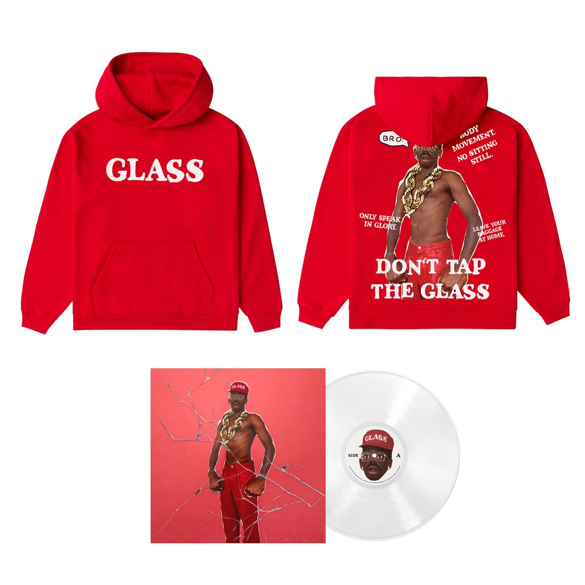 Red pullover hoodie shown from the front and back, with white text reading 'GLASS' on the chest and a large back graphic featuring Tyler, The Creator. Underneath the hoodie there's a square vinyl cover and disc of Tyler, The Creator - Don't Tap the Glass